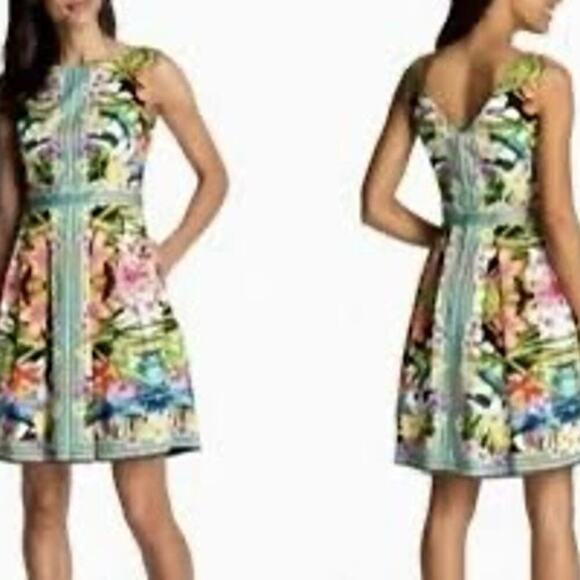 MAGGY LONDON Sleeveless Fit & Flare Short Dress Multicolor Floral Tropical Sz 4 - Picture 1 of 11